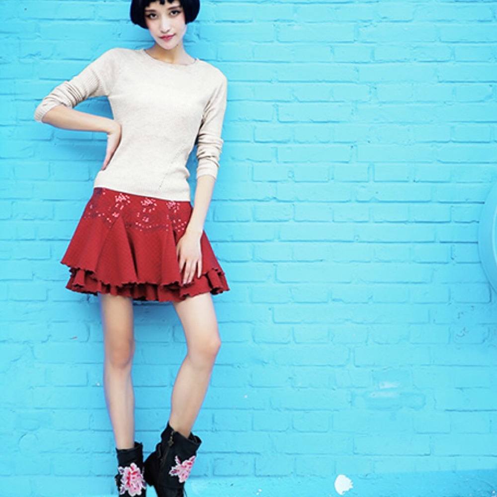 Embroidered and Ruffled Mini Skirt